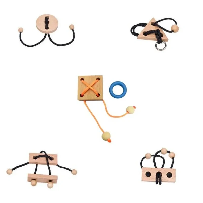 Classic Wooden Rope Puzzle Metal Brain Teasers Loop Magic Puzzles Game for Adults Kids