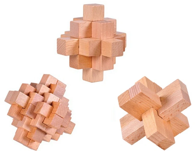 3PCS/Set Beech Wood Brain Teaser Wooden Interlocking Puzzles Game for Adults Kids