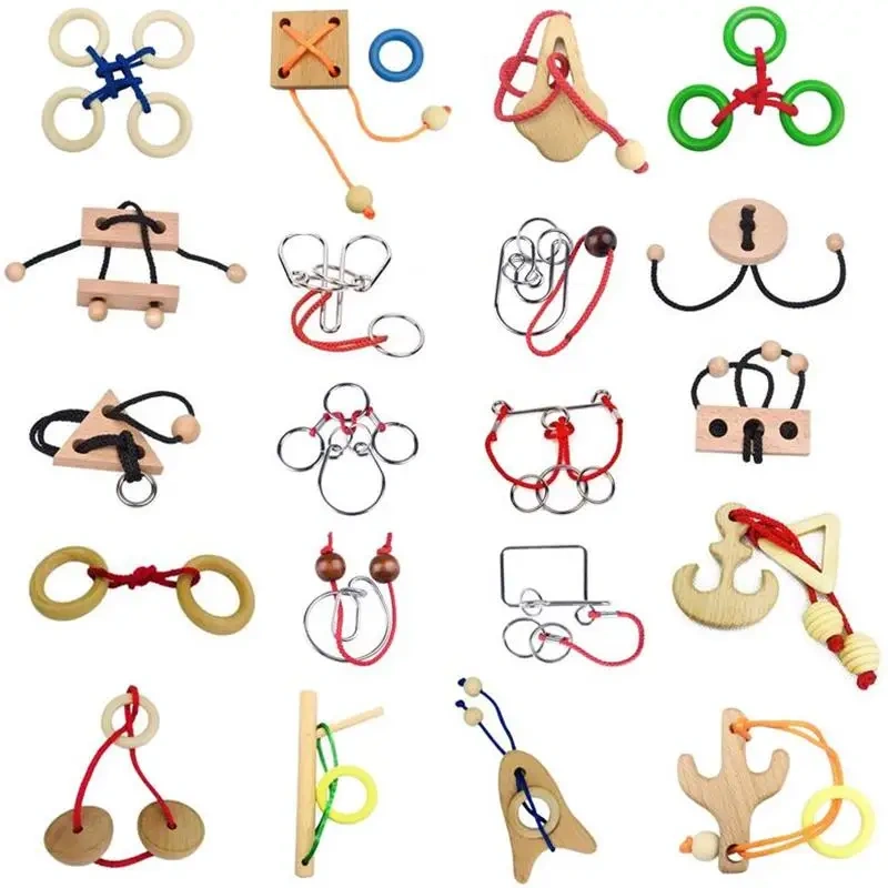 14/20PCS Wooden Rope Puzzles Game Magic Metal Loop Puzzle Brain Teasers Gift for Adults Kids