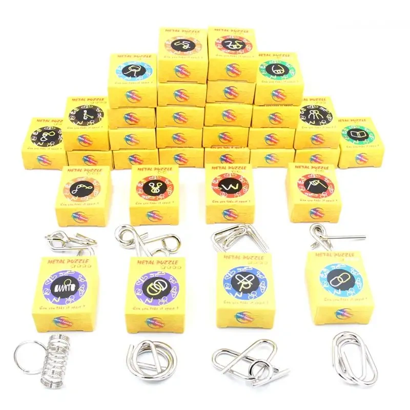 Set of 32PCS Display Box Educational Magic Metal Wire Entanglement Brain Teasers Puzzles Game with Solution for Adults Kids