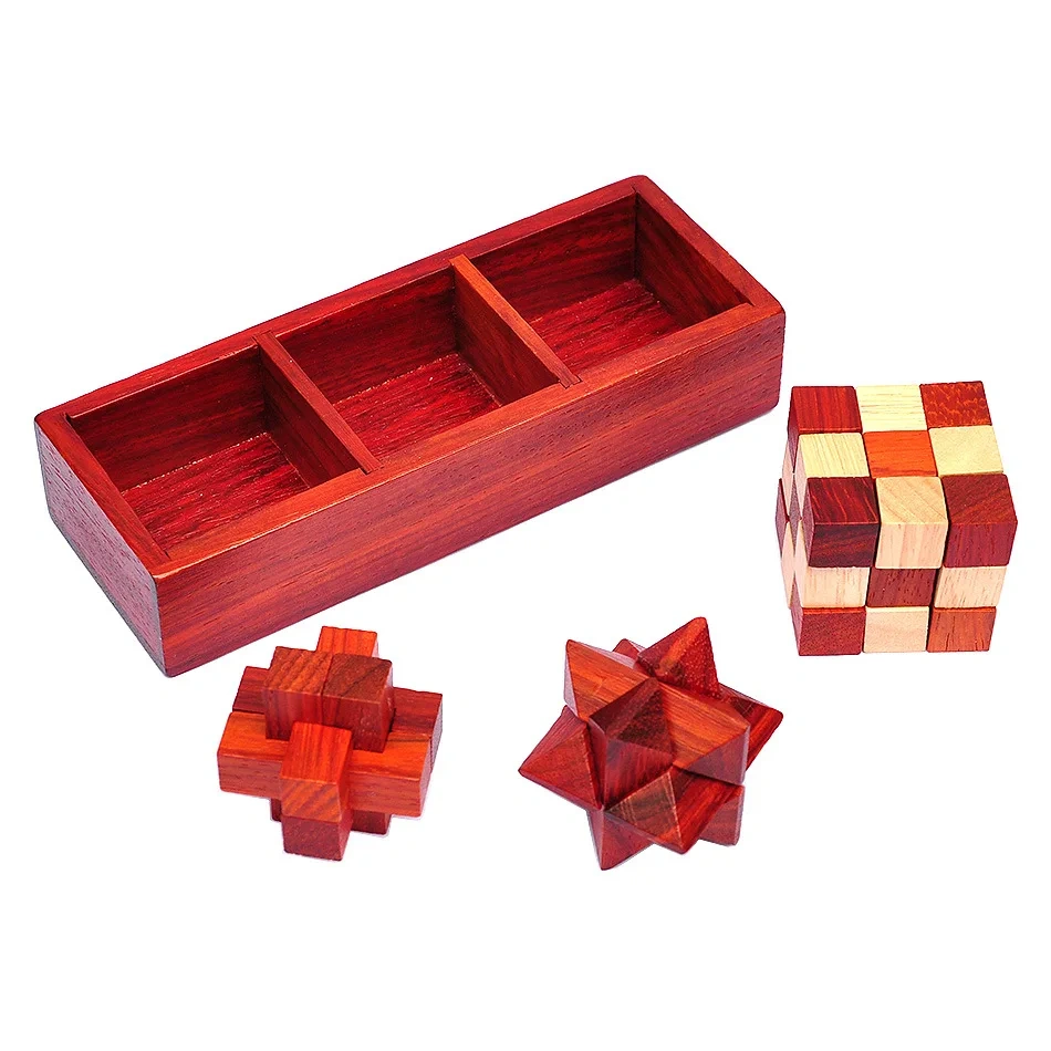 3PCS per Set Vintage Style Wood Box Packed Wooden Brain Teaser Puzzles Game Toys for Adults Kids