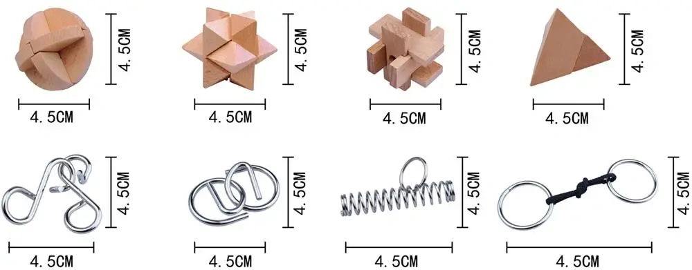 8PCS/Set Wooden Puzzle Metal Brain Teaser Puzzles Traditional Educational Game Box Gift for Children