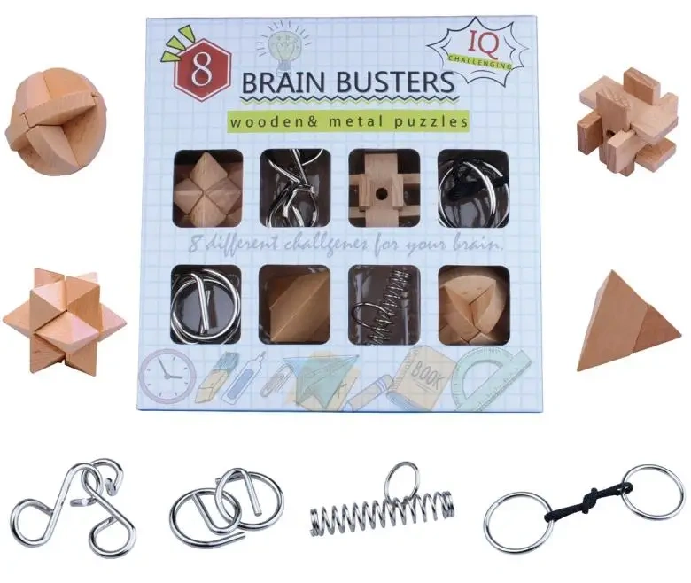 8PCS/Set Wooden Puzzle Metal Brain Teaser Puzzles Traditional Educational Game Box Gift for Children