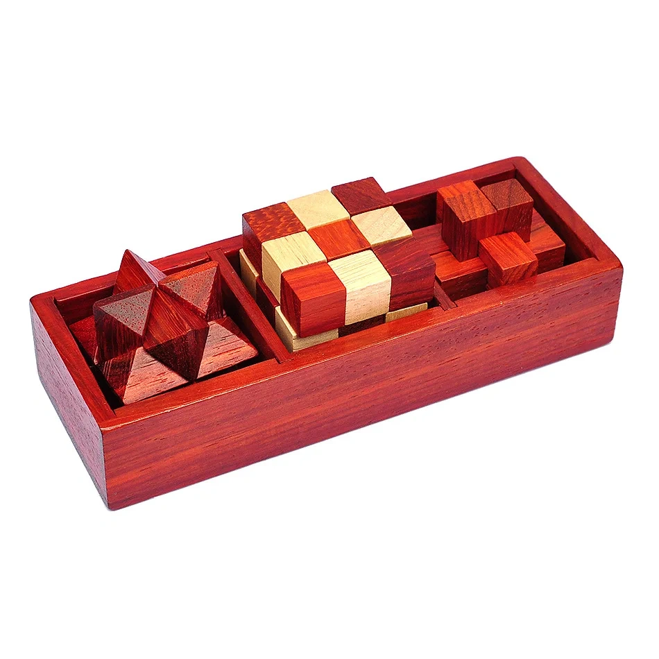 3PCS per Set Vintage Style Wood Box Packed Wooden Brain Teaser Puzzles Game Toys for Adults Kids