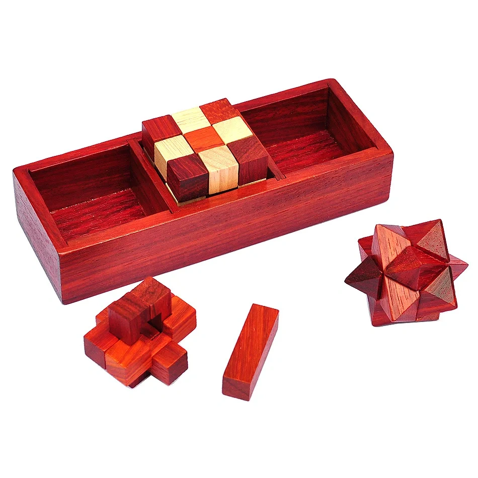 3PCS per Set Vintage Style Wood Box Packed Wooden Brain Teaser Puzzles Game Toys for Adults Kids