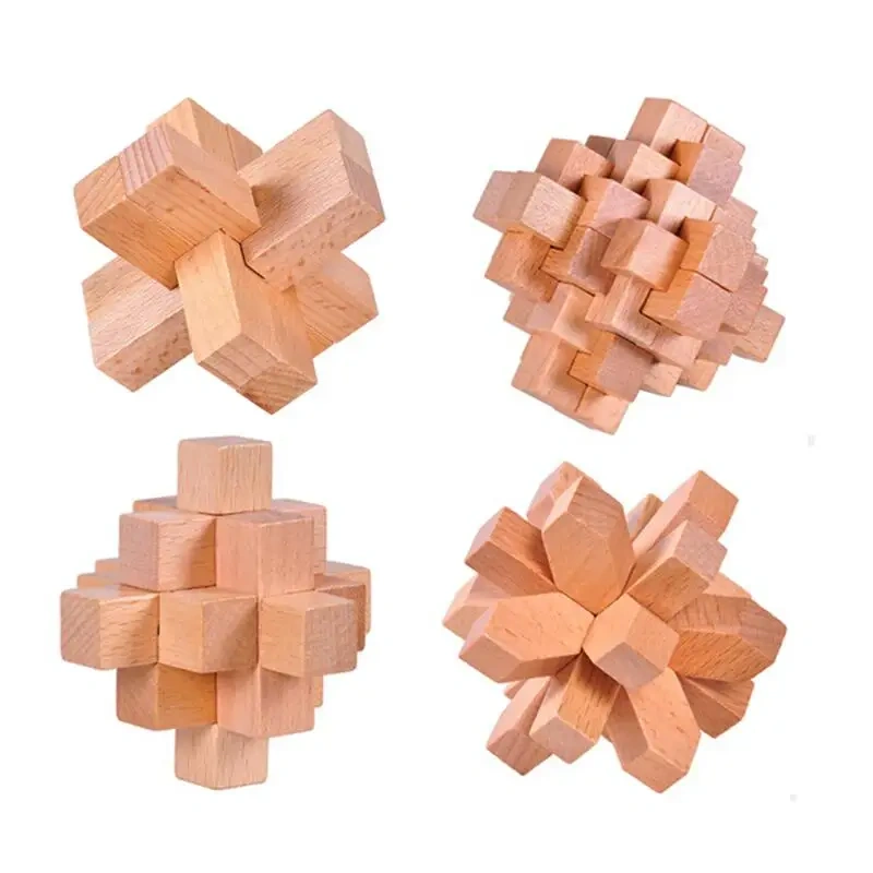 4PCS/Set Classic 3D Wooden Brain Teasers Burr Interlocking Puzzles Game for Adults Kids