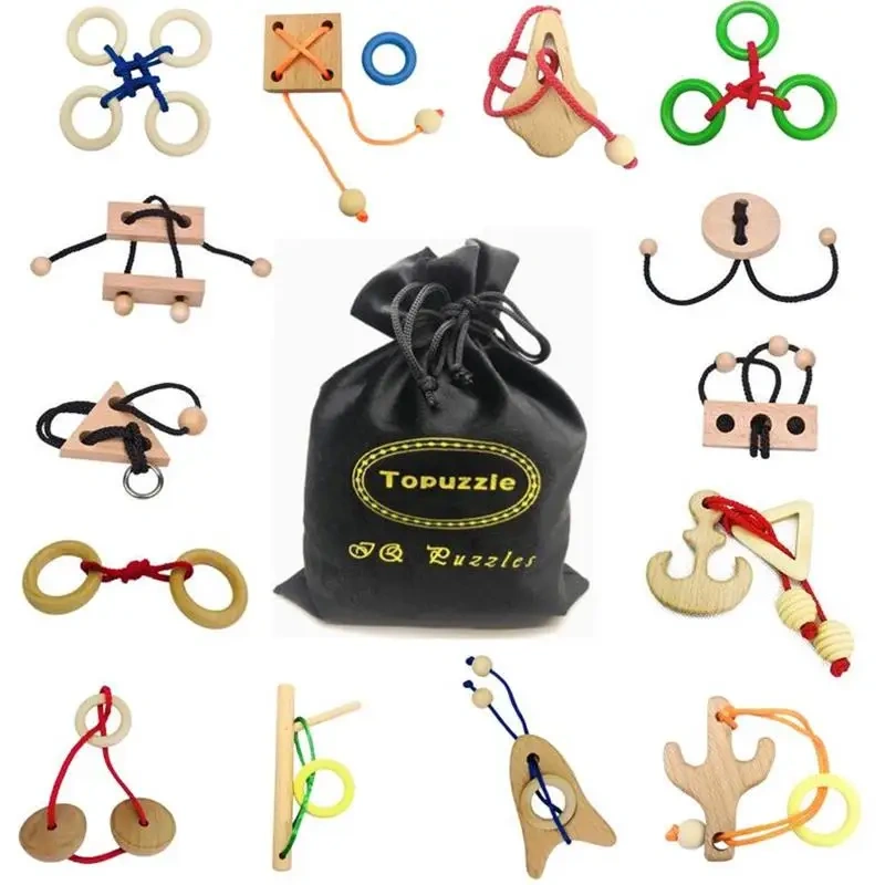14/20PCS Wooden Rope Puzzles Game Magic Metal Loop Puzzle Brain Teasers Gift for Adults Kids