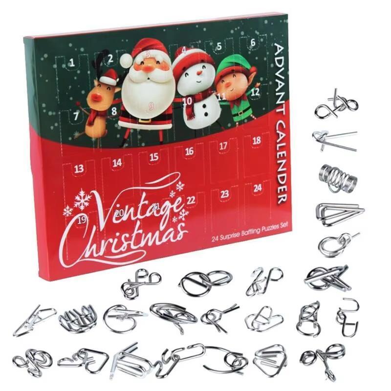24PCS/Set Advent Calendar Christmas Gift Countdown Metal Wire Puzzle Plastic Burr Beads Brain Teasers Puzzles Gift for Children