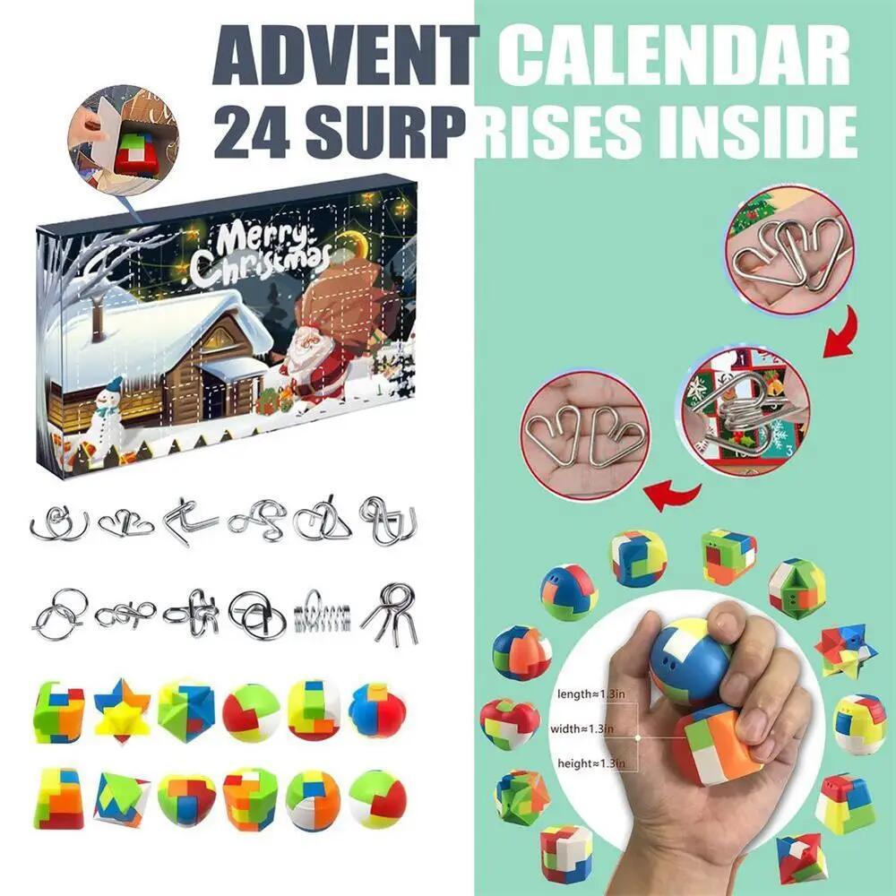 24PCS/Set Advent Calendar Christmas Gift Countdown Metal Wire Puzzle Plastic Burr Beads Brain Teasers Puzzles Gift for Children
