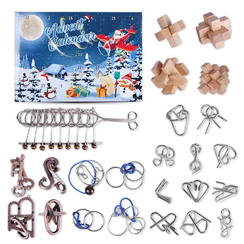 24PCS/Set Advent Calendar Christmas Gift Countdown Metal Wire Puzzle Plastic Burr Beads Brain Teasers Puzzles Gift for Children