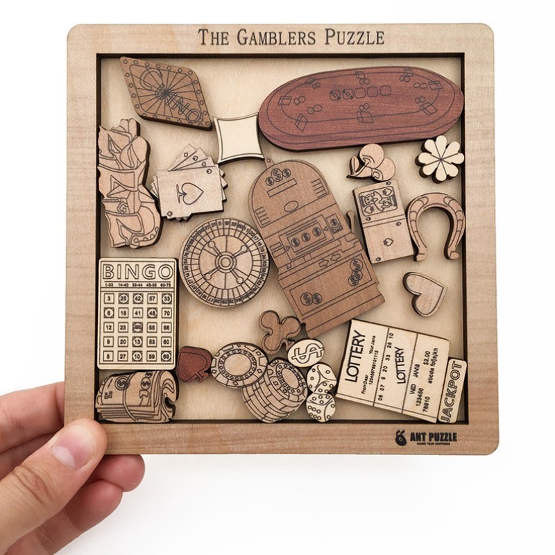 Wooden Gamblers Puzzle IQ Mind Brain Teaser - 23-Piece Casino Logic Game for Adults, Hard Difficulty, Personalized Gift
