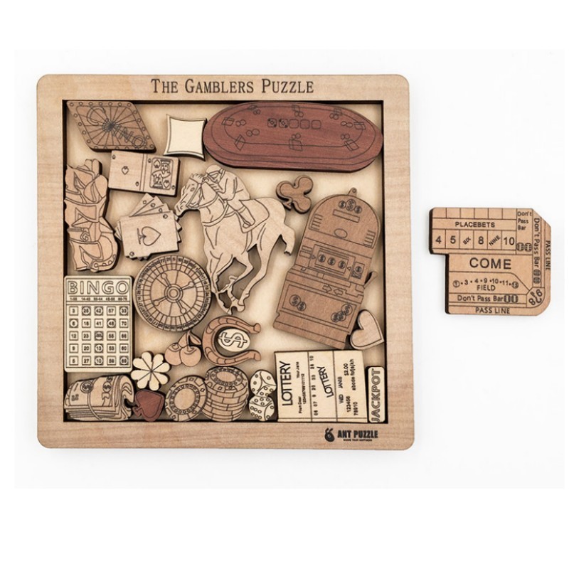 Wooden Gamblers Puzzle IQ Mind Brain Teaser - 23-Piece Casino Logic Game for Adults, Hard Difficulty, Personalized Gift