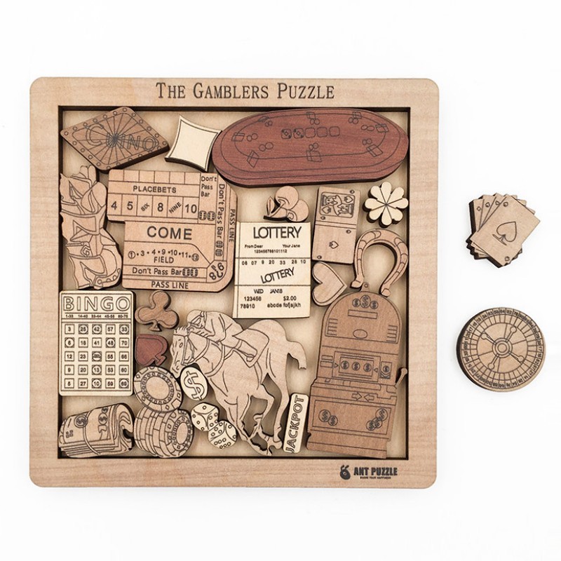 Wooden Gamblers Puzzle IQ Mind Brain Teaser - 23-Piece Casino Logic Game for Adults, Hard Difficulty, Personalized Gift