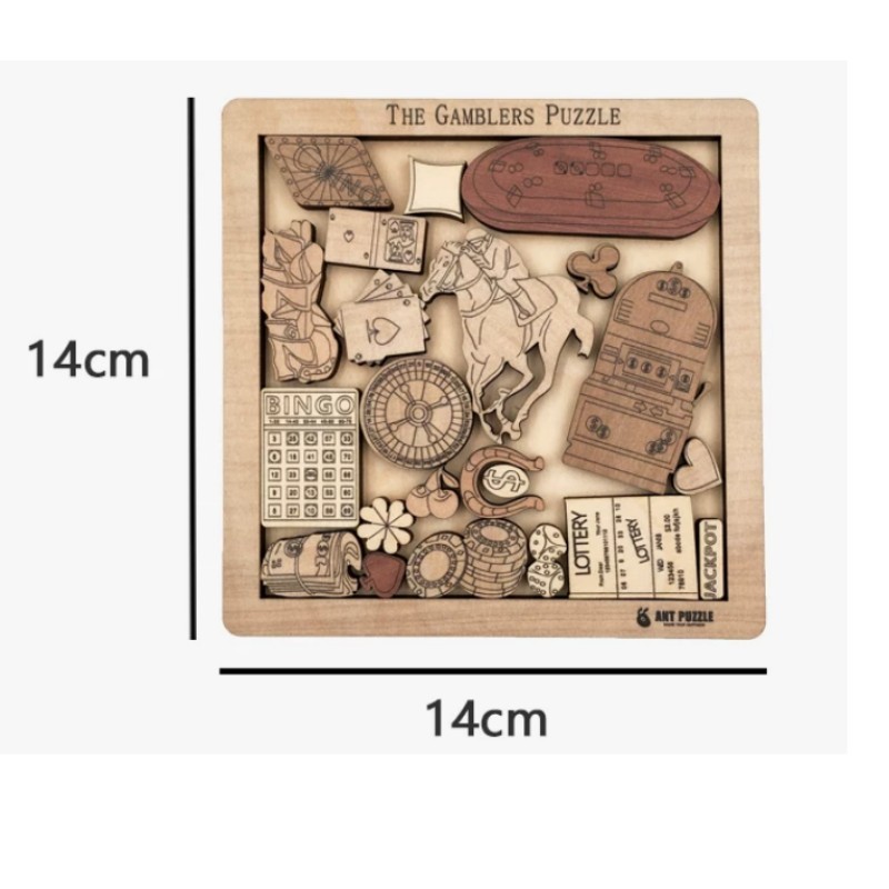 Wooden Gamblers Puzzle IQ Mind Brain Teaser - 23-Piece Casino Logic Game for Adults, Hard Difficulty, Personalized Gift