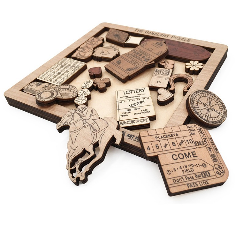 Wooden Gamblers Puzzle IQ Mind Brain Teaser - 23-Piece Casino Logic Game for Adults, Hard Difficulty, Personalized Gift