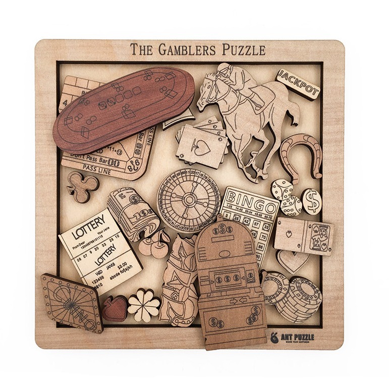Wooden Gamblers Puzzle IQ Mind Brain Teaser - 23-Piece Casino Logic Game for Adults, Hard Difficulty, Personalized Gift