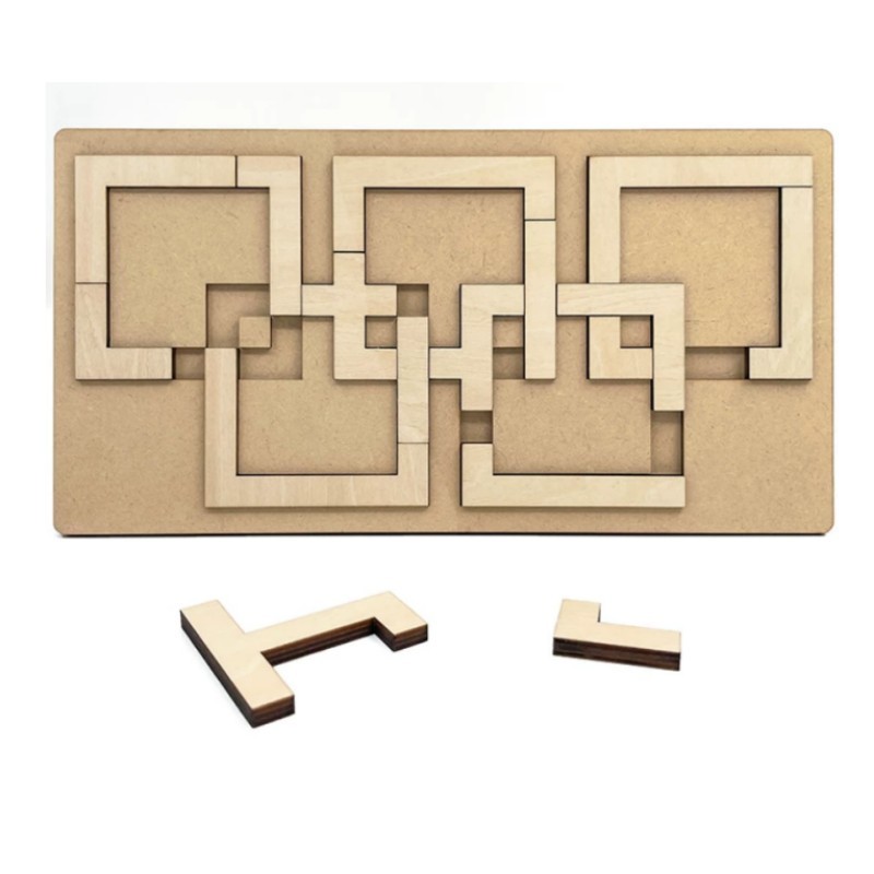 Olympic Squares Packing Puzzle | Logic Brain Teaser Wooden Tray Game, Unique Intersecting Square Challenge, Gift for Puzzle Lovers