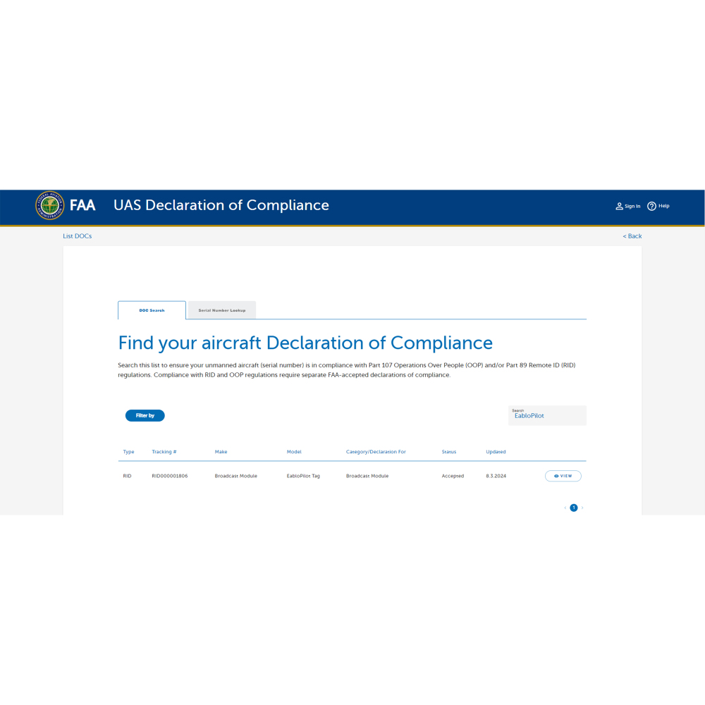 EabloPilot Tag is obtained FAA certification.