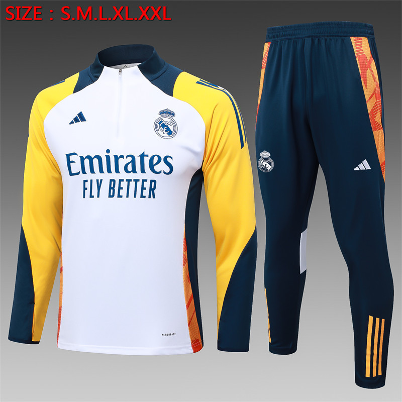 【Adult Training Wear 】B824 # 2425 Half Pull Real Madrid White (Yellow Sleeves)