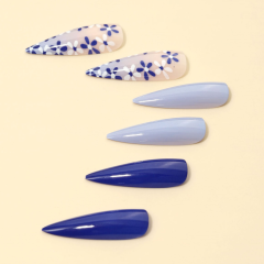 穿戴甲长款批发蓝白小花指甲片美甲贴片批发甲片可拆卸美甲nails