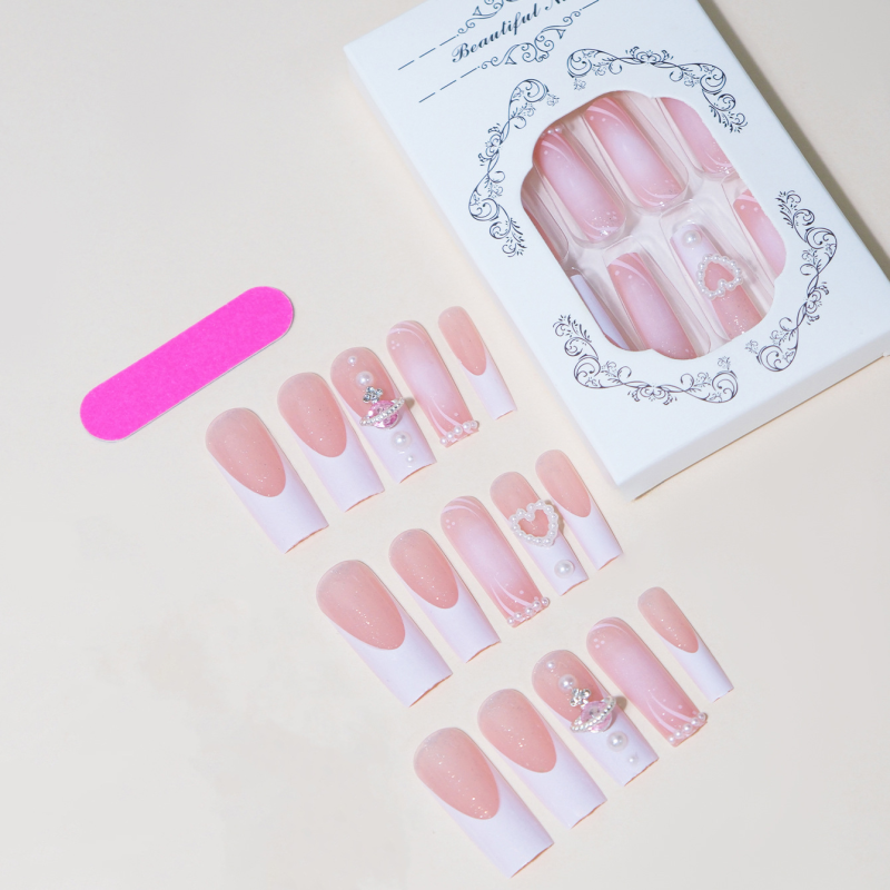 跨境24片长款方形钻款甜美穿戴甲跨境粉色多钻棺材型按压式假指甲
