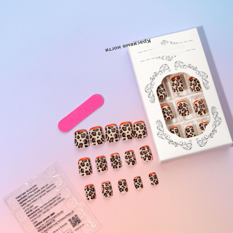 短方甲创意欧美豹纹气质跨境假指甲成品穿戴甲美甲片24贴片批发