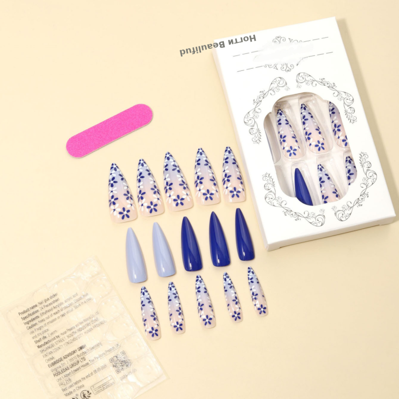 穿戴甲长款批发蓝白小花指甲片美甲贴片批发甲片可拆卸美甲nails
