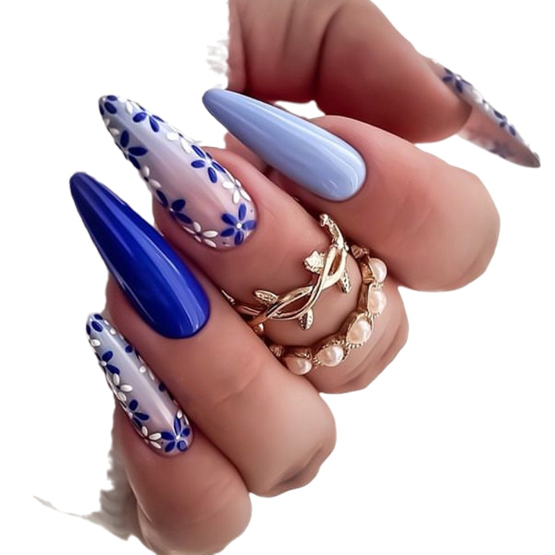 穿戴甲长款批发蓝白小花指甲片美甲贴片批发甲片可拆卸美甲nails