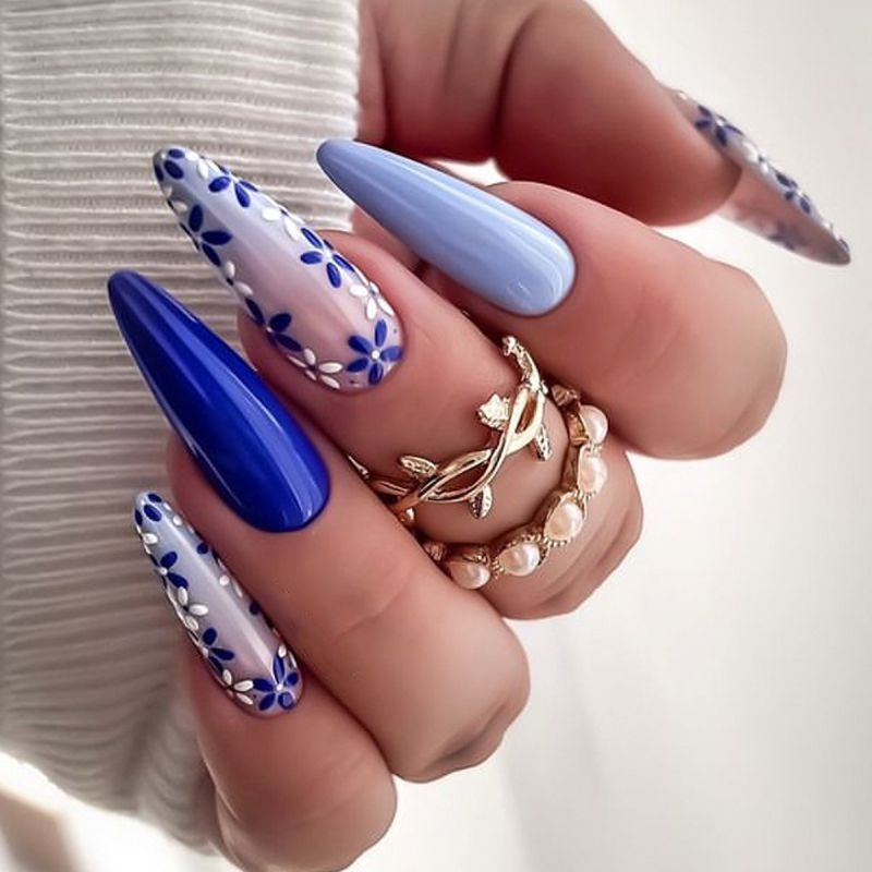 穿戴甲长款批发蓝白小花指甲片美甲贴片批发甲片可拆卸美甲nails