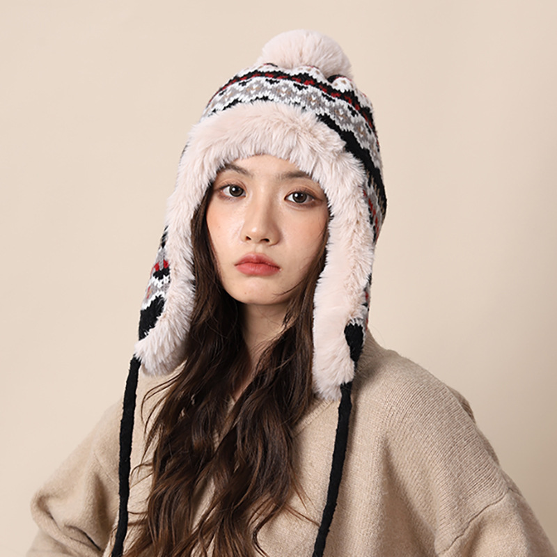 毛线帽子女秋冬季加厚保暖显脸小护耳毛绒帽骑行防寒套头雷锋帽