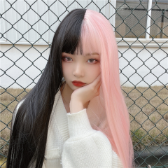 cosplay假发女黑粉双色阴阳头漫画刘海齐腰长直发女装大佬假发套