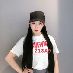 抖音同款快手帽子假发一体女网红黑色长直发化纤头套厂家批发代理