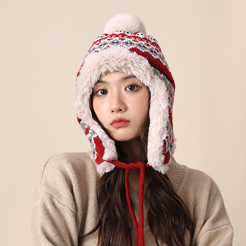 毛线帽子女秋冬季加厚保暖显脸小护耳毛绒帽骑行防寒套头雷锋帽