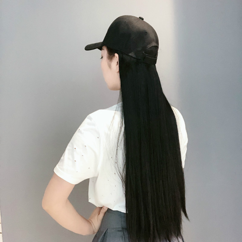 抖音同款快手帽子假发一体女网红黑色长直发化纤头套厂家批发代理