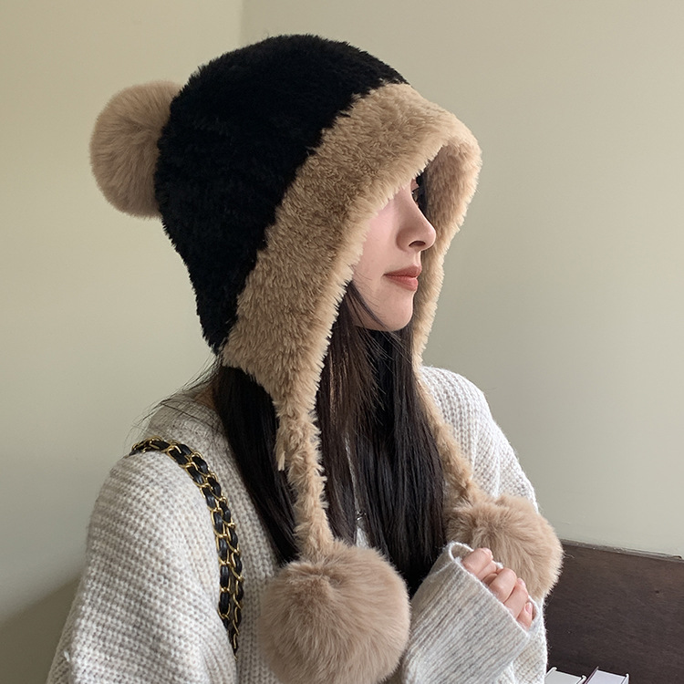 毛绒雷锋帽子女秋冬新款加绒加厚针织吊球毛线帽保暖护耳朵针织帽