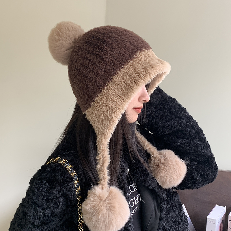 毛绒雷锋帽子女秋冬新款加绒加厚针织吊球毛线帽保暖护耳朵针织帽