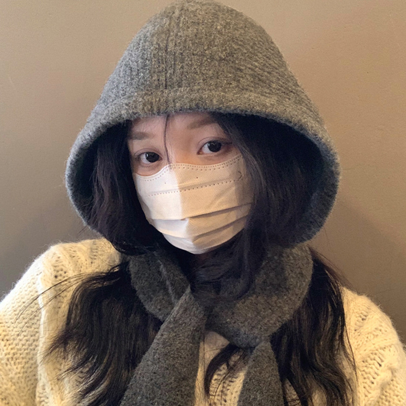 大头围巴拉克拉法帽子女秋冬新款针织连帽围脖一体保暖护耳毛线帽