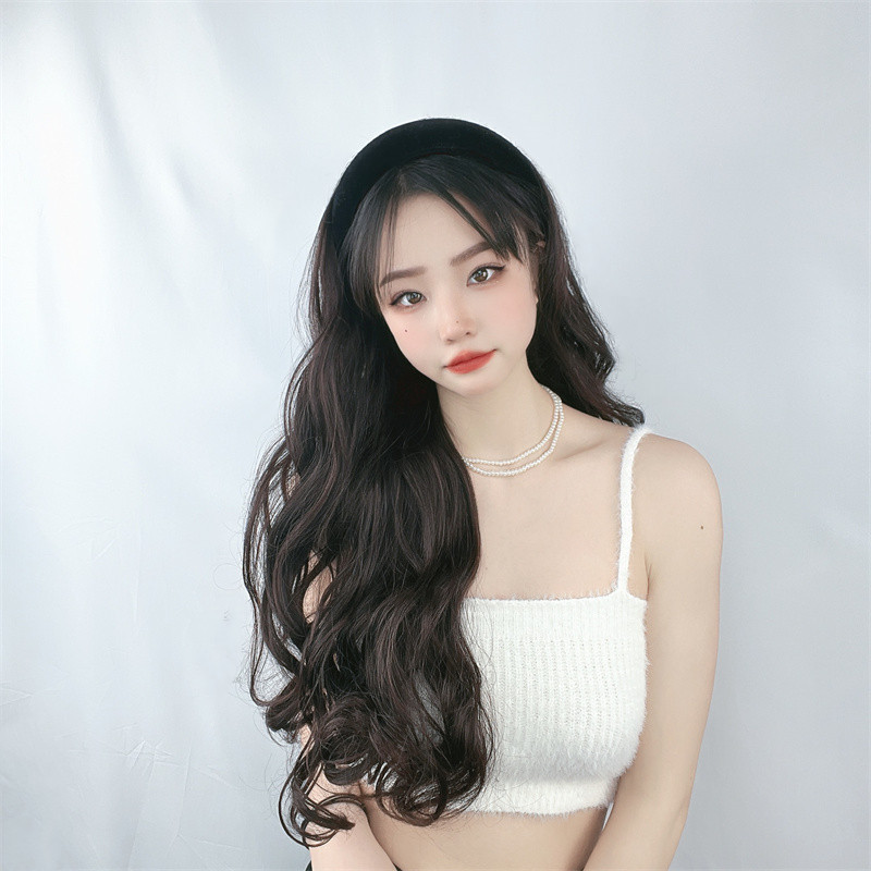 夏季新品发箍假发长卷发一体女网红时尚羊毛卷长发半头套厂家直销