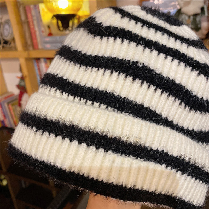 帽子女秋冬季黑白条纹百搭毛线帽潮保暖针织情侣韩版日系帽子工厂