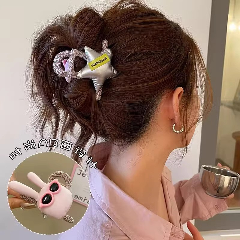 可爱小兔子玩偶发夹女后脑勺盘发抓夹ins风星星半扎发鲨鱼夹头饰