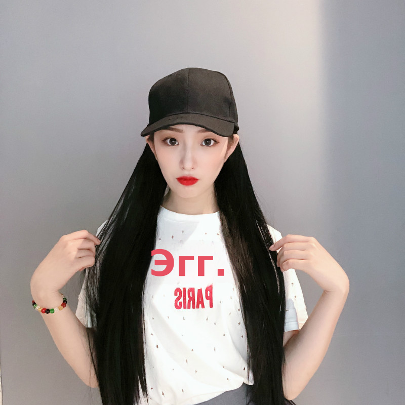 抖音同款快手帽子假发一体女网红黑色长直发化纤头套厂家批发代理