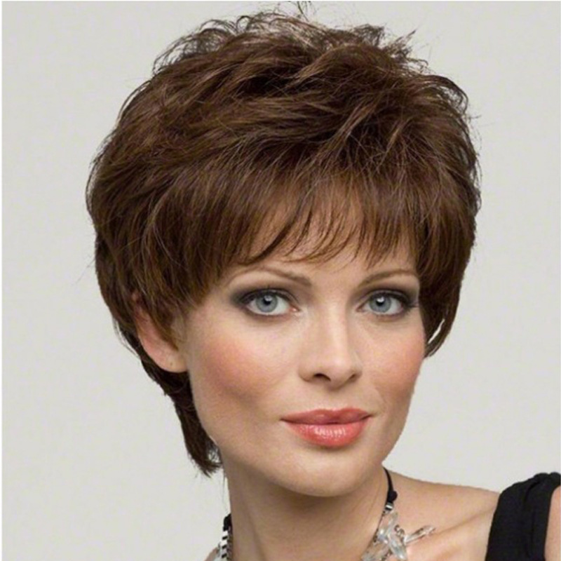 速卖通欧美时尚女士短卷发棕色微卷整顶假发头套跨境外贸假发代发
