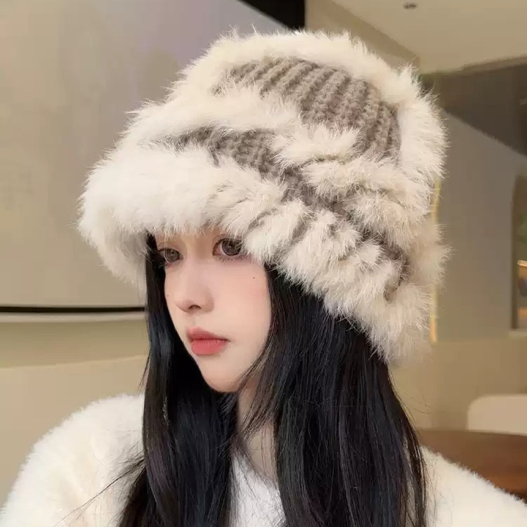 兔毛帽子女秋冬加厚针织帽显脸小渔夫大头围毛线帽子毛绒醒狮帽子