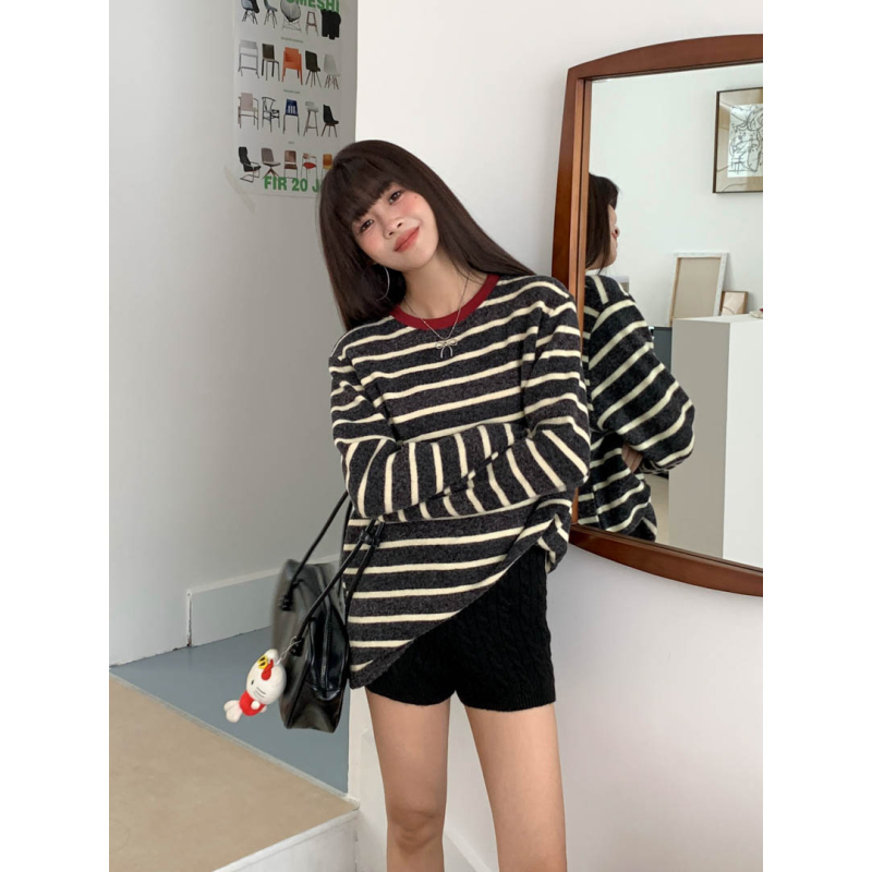 衣天堂 磨毛撞色条纹长袖T恤女 秋冬加厚仿兔毛宽松休闲长袖上衣