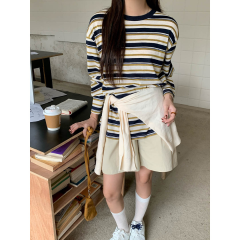 衣天堂 「miu系条纹控」色织提花撞色条纹长袖针织衫女中长款打底