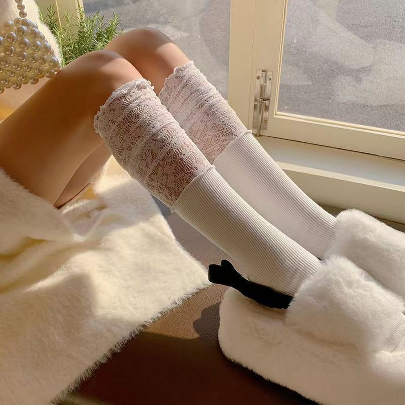 袜子女过膝蕾丝袜长筒靴半截纯黑白小腿女袜小红书春秋抖音袜小腿