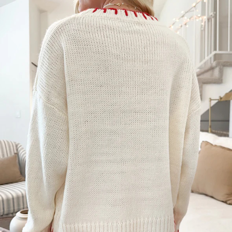 2024欧美外贸新款慵懒风套头针织上衣蝴蝶结提花宽松外穿毛衣女