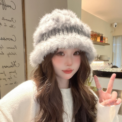 兔毛帽子女秋冬加厚针织帽显脸小渔夫大头围毛线帽子毛绒醒狮帽子