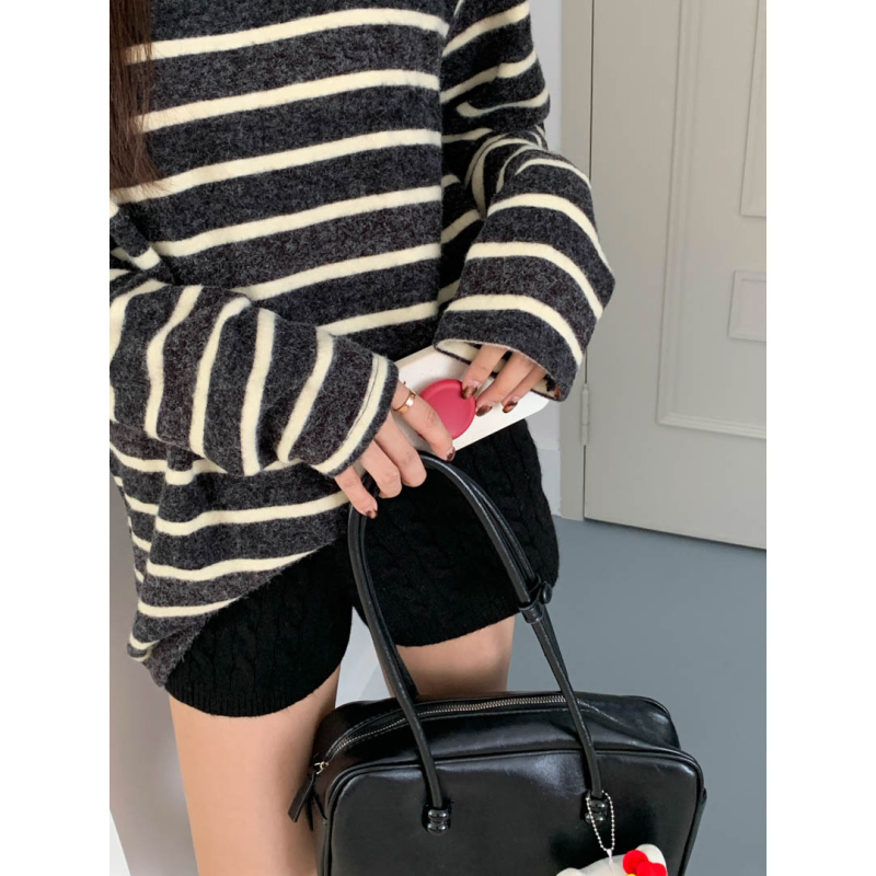 衣天堂 磨毛撞色条纹长袖T恤女 秋冬加厚仿兔毛宽松休闲长袖上衣