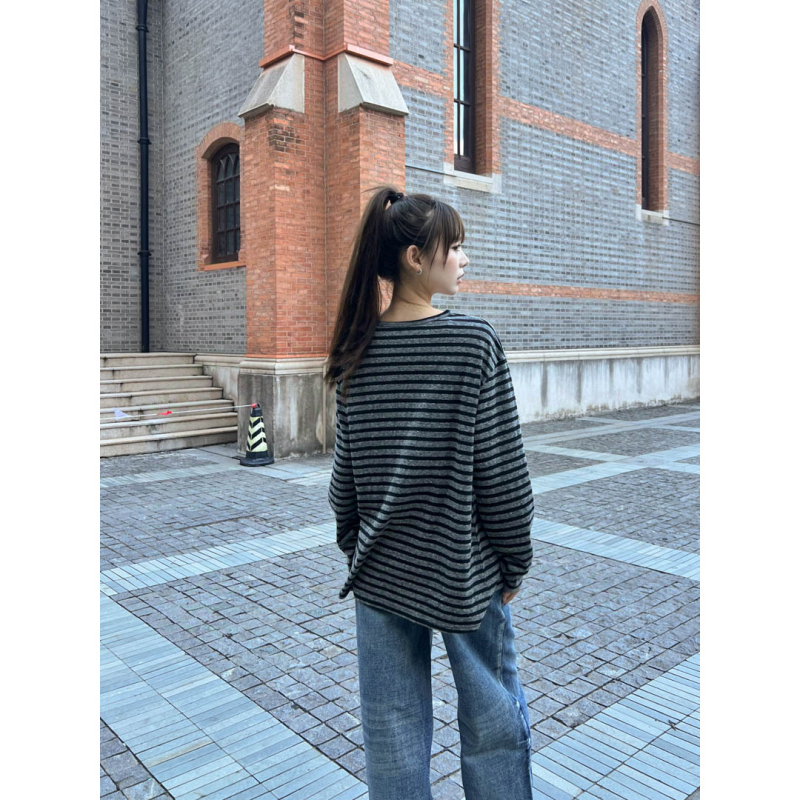 GAGD 圆领撞色灰条纹宽松慵懒风长袖T恤女秋季新款打底衫上衣